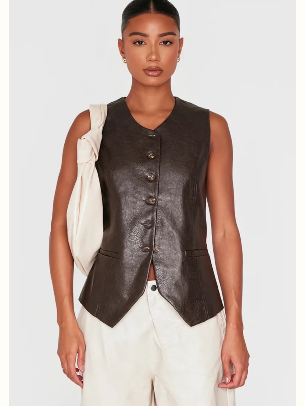 PLT Faux Leather Button-Front Vest - Dark Brown